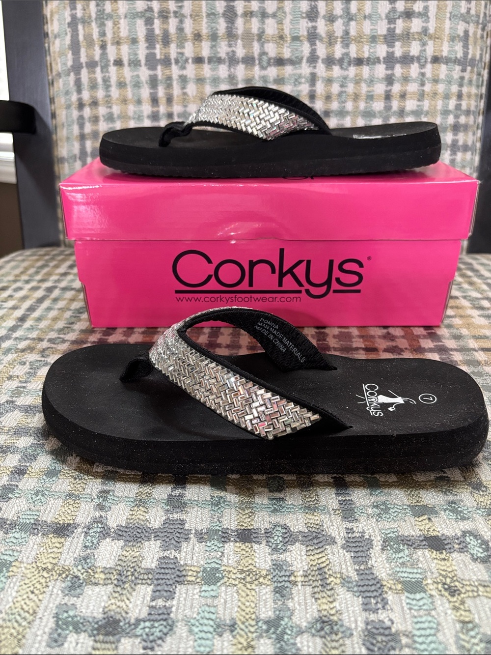Corkys Black Flip Flop Sandals with Silver Woven Straps - Picture 2 of 5